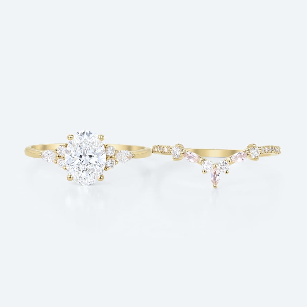 Oval Lab Grown Diamond Ring Set | Vintage Tiara Bridal Ring Set in Yellow Gold