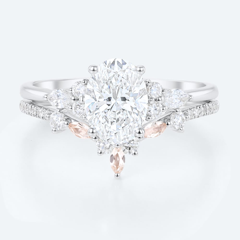 Oval Lab Grown Diamond Ring Set | Vintage Tiara Bridal Ring Set in White Gold