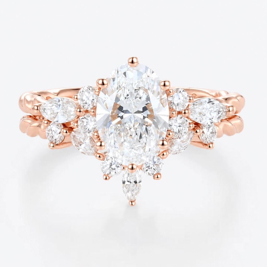 1.5ct Oval Cut Lab Grown Diamond Twisted Marquise Accent Bridal Ring Set with Mixed-Cut Accent Band in Yellow Gold