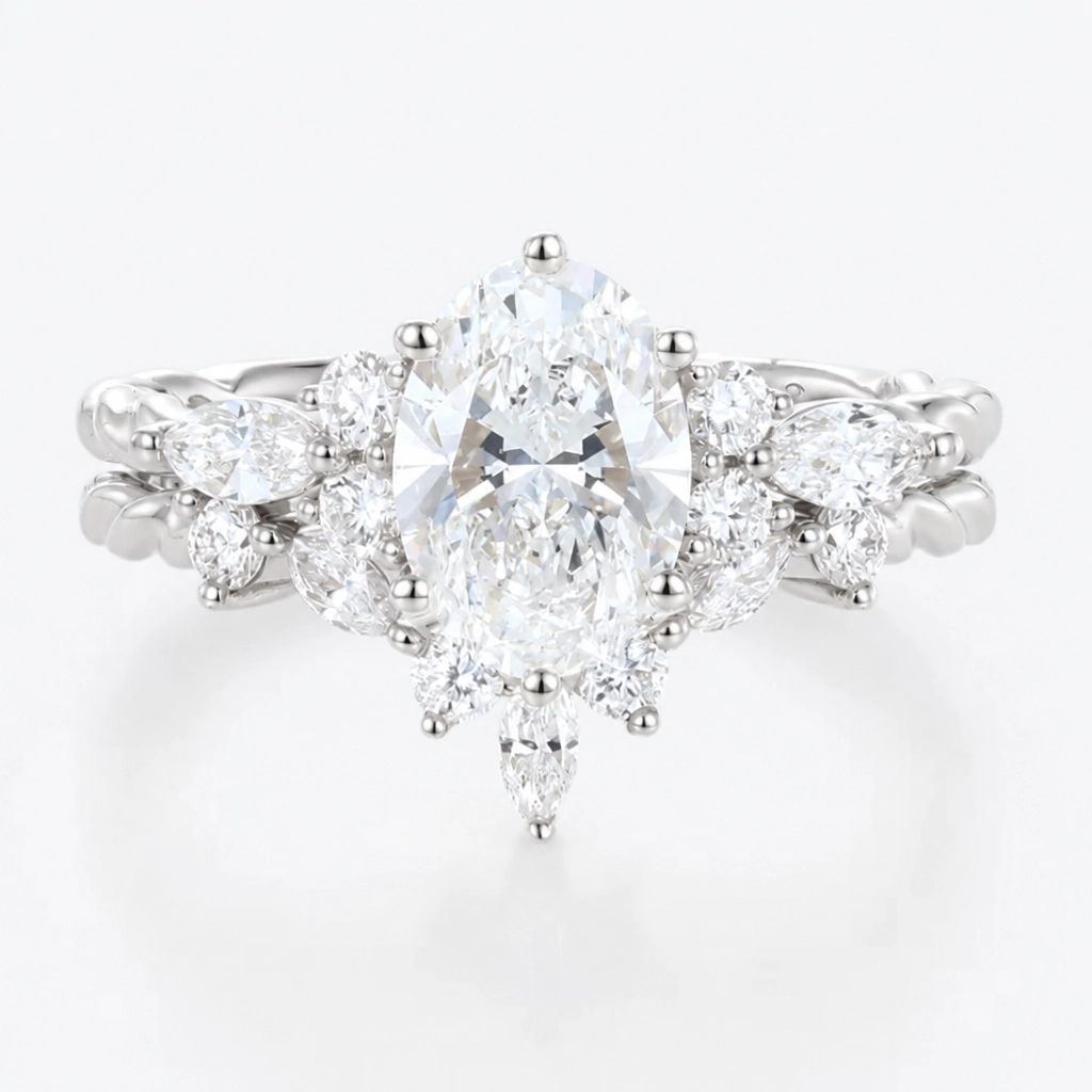 1.5ct Oval Cut Lab Grown Diamond Twisted Marquise Accent Bridal Ring Set with Mixed-Cut Accent Band in Yellow Gold