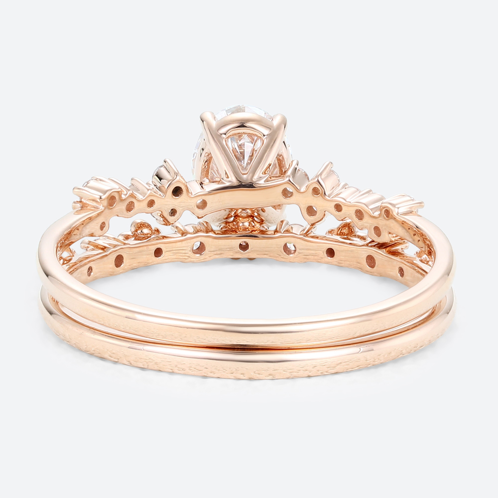 Oval Cut Lab Grown Diamonds Cluster Bridal Ring Set with Blossom Wedding Band (5)
