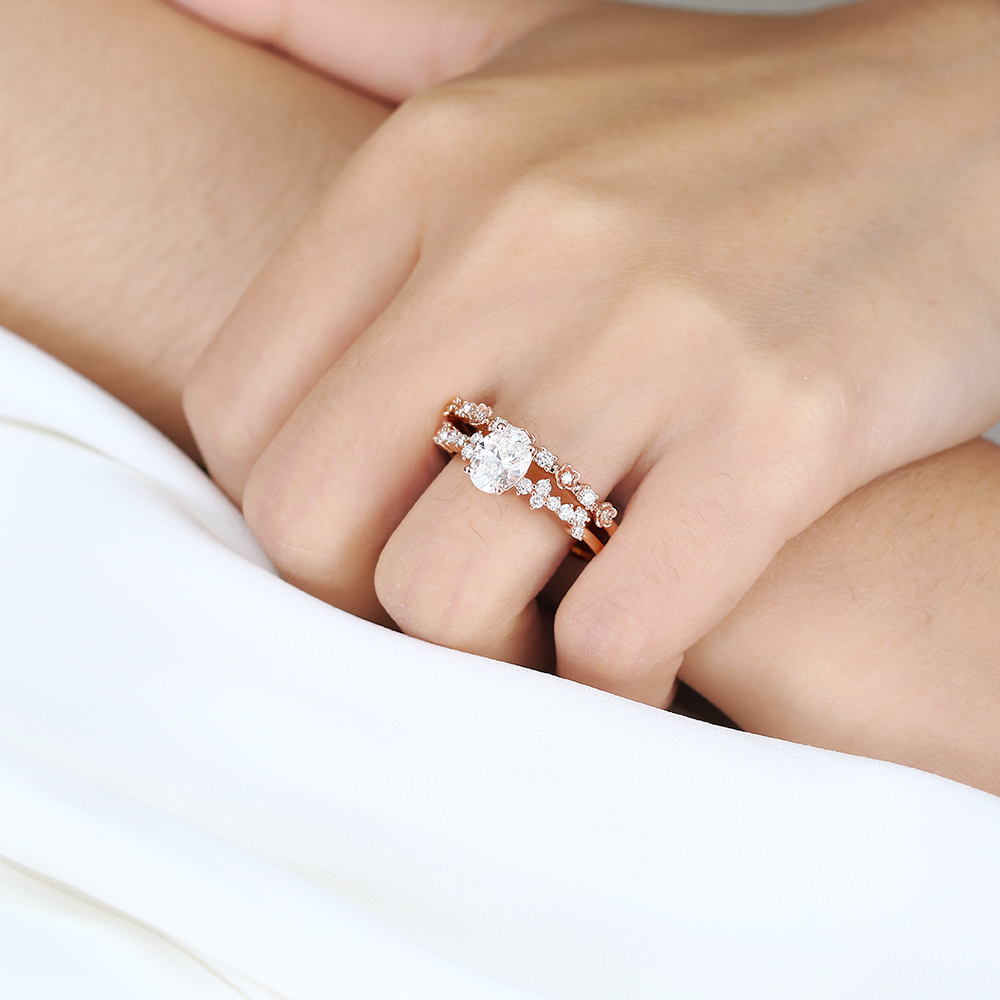 Oval Cut Lab Grown Diamonds Cluster Bridal Ring Set with Blossom Wedding Band (6)