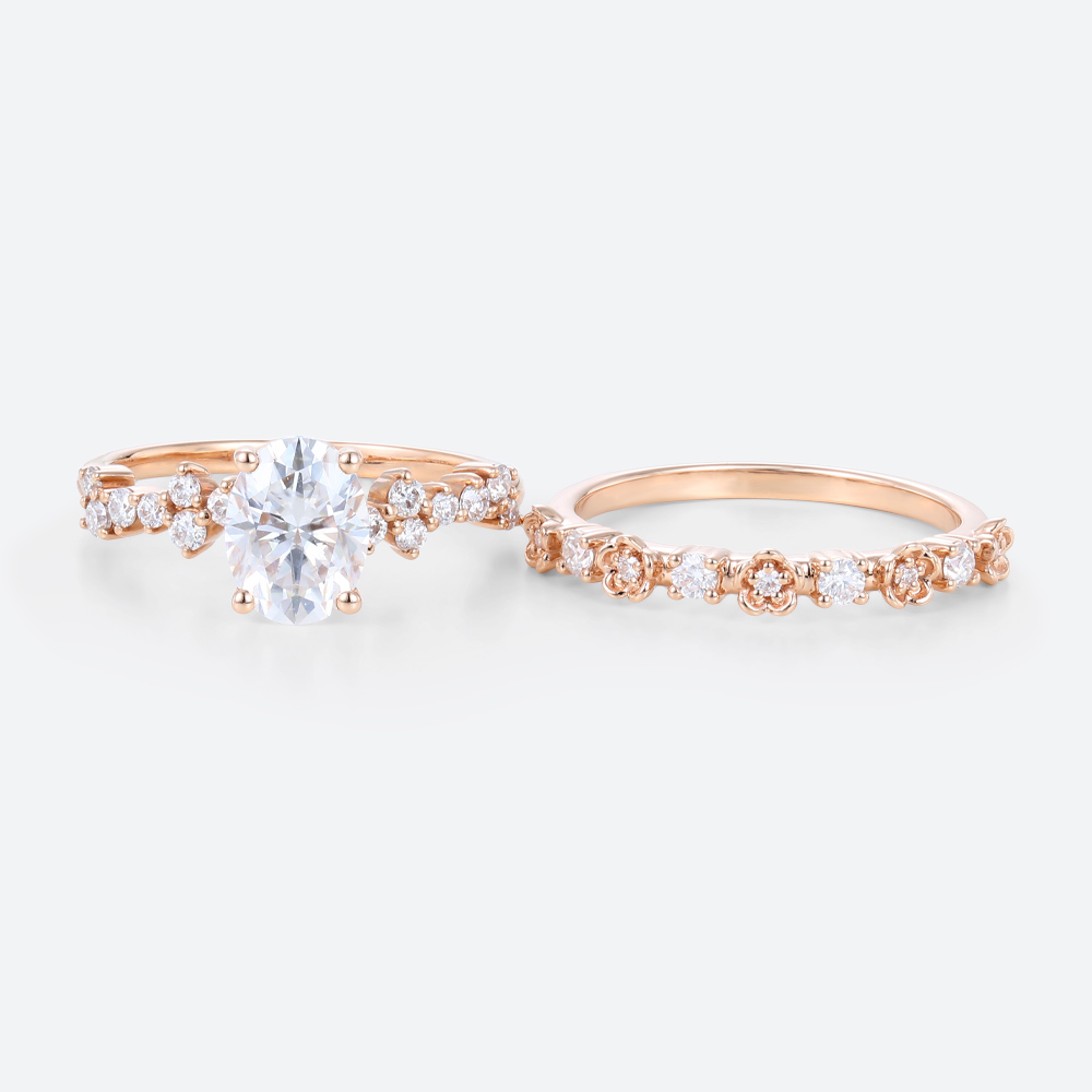 Oval Cut Lab Grown Diamonds Cluster Bridal Ring Set with Blossom Wedding Band (6)