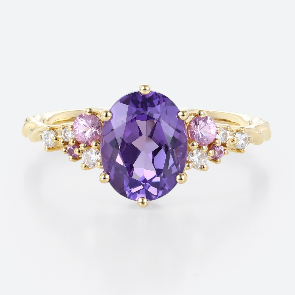 Fall Engagement Ring Trends 2025 - Lab Purple Sapphire Ring 3 Carat Oval Delicate Floral Engagement Ring in Yellow Gold