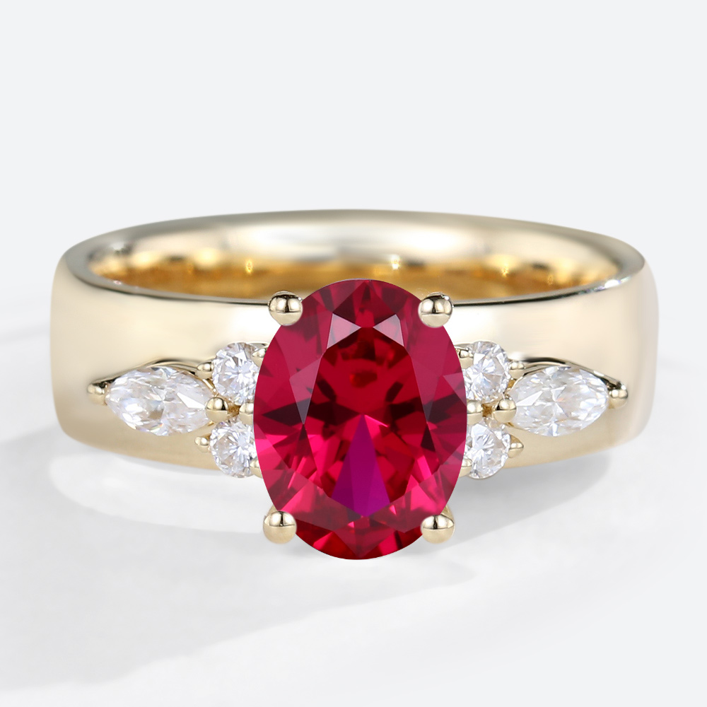 1.3ct Lab Grown Ruby Ring Oval Ruby Wide Band Engagement Rings in Yellow Gold