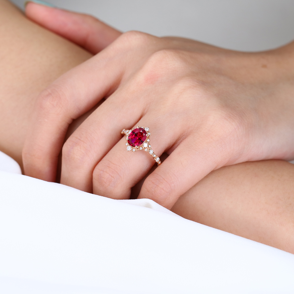 Holiday Proposal 1.4ct Lab Ruby Engagement Rings Oval Cut Lab Ruby Vintage Ring with Edwardian Style in Rose Gold
