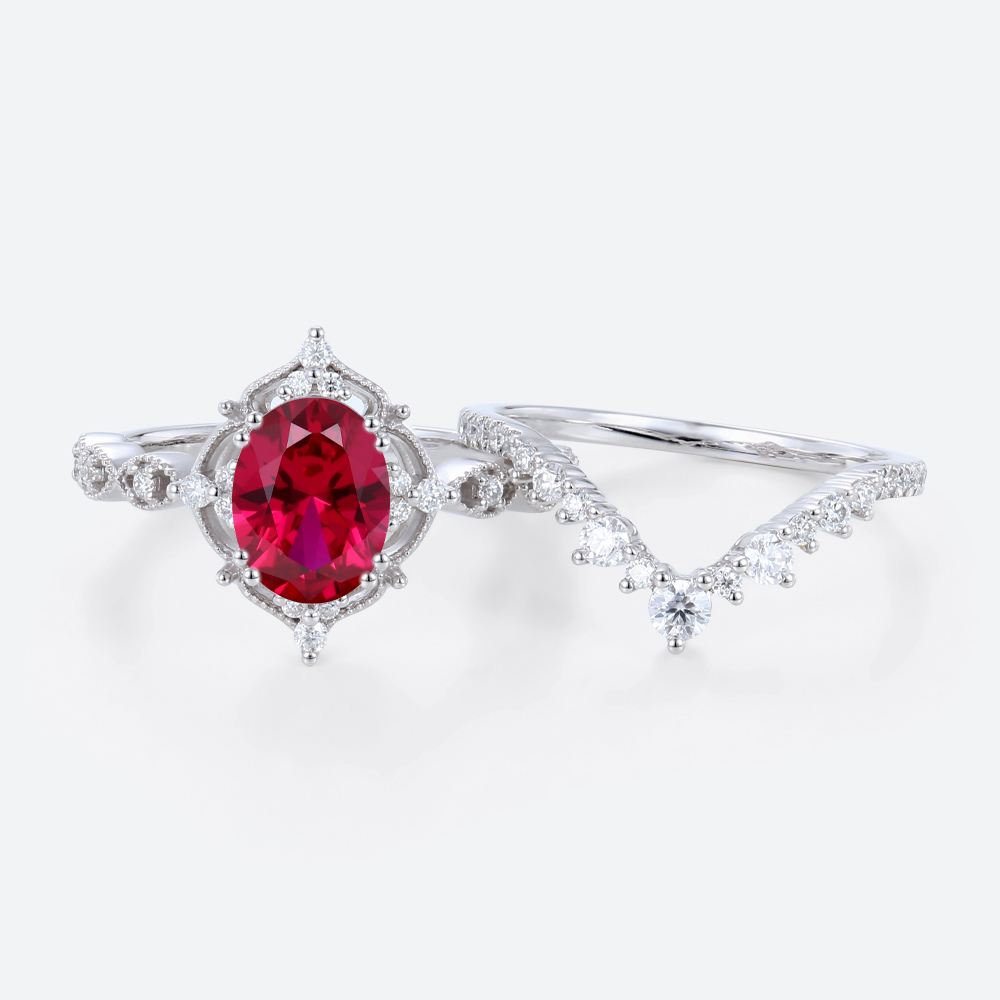 Oval Cut Lab Ruby Wedding Rings Set with Curved Stacking Band White Gold Vintage-Inspired Bridal Ring Set