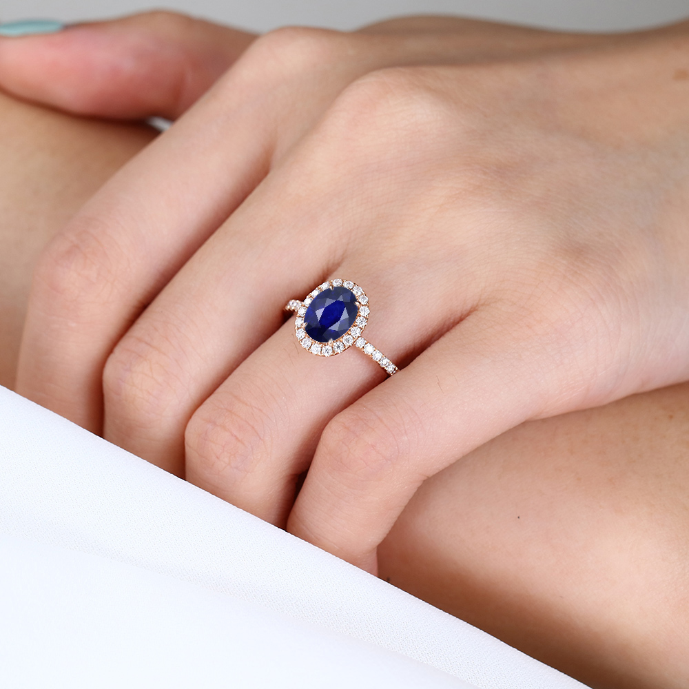 1.4ct Lab Sapphire Ring Oval Cut Halo Engagement Rings Pave Band in Rose Gold