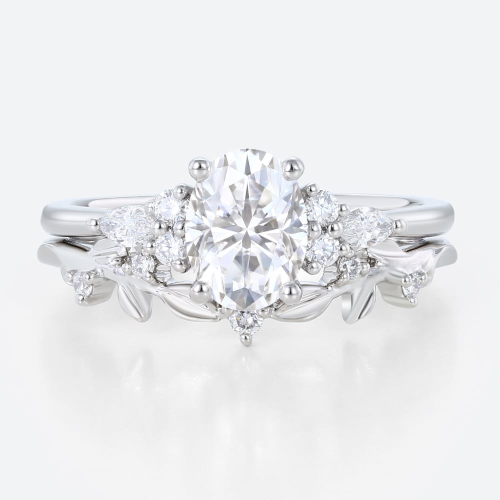 Oval Cut Moissanite Ring Set 1.4ct Botanical-Inspired Bridal Ring with Lab Diamond Side Stones in White Gold