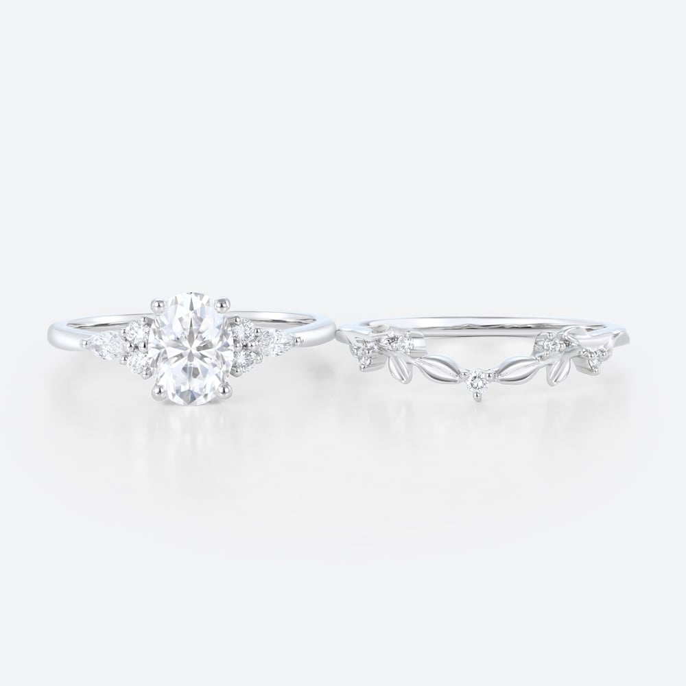 Oval Cut Moissanite Ring Set 1.4ct Botanical-Inspired Bridal Ring with Lab Diamond Side Stones in White Gold