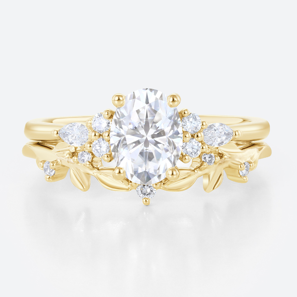 Oval Cut Moissanite Ring Set 1.4ct Botanical-Inspired Bridal Ring with Lab Diamond Side Stones in Yellow Gold