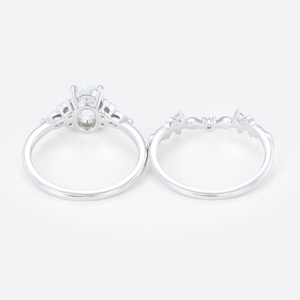 Oval Cut Moissanite Ring Set 1.4ct Botanical-Inspired Bridal Ring with Lab Diamond Side Stones in White Gold