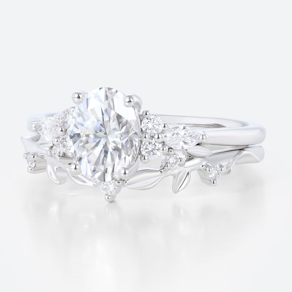 Oval Cut Moissanite Ring Set 1.4ct Botanical-Inspired Bridal Ring with Lab Diamond Side Stones in White Gold