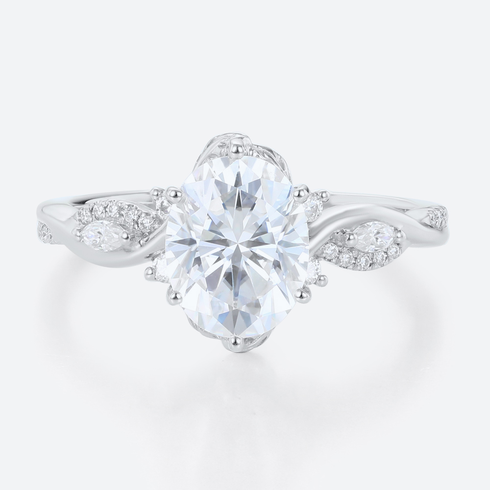 White Gold 2ct Oval Cut Moissanite Promise Ring​ Bypass Engagement Rings Vine Bridal Ring