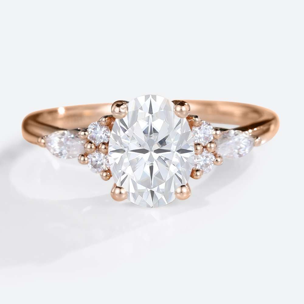 Rose Gold Oval Cut Moissanite Cluster Engagement Ring Modern Bridal Rings