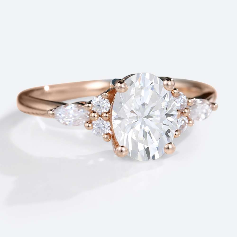 Rose Gold Oval Cut Moissanite Cluster Engagement Ring Modern Bridal Rings