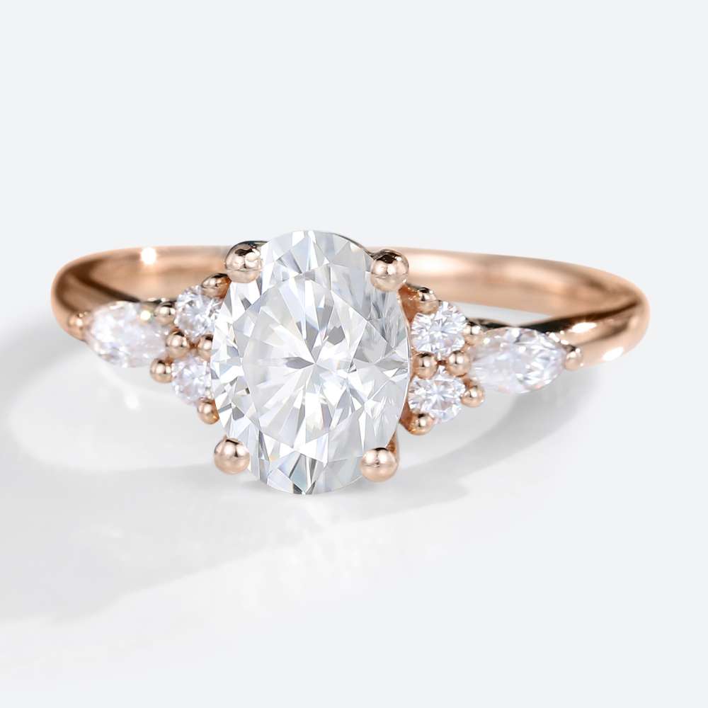 Rose Gold Oval Cut Moissanite Cluster Engagement Ring Modern Bridal Rings