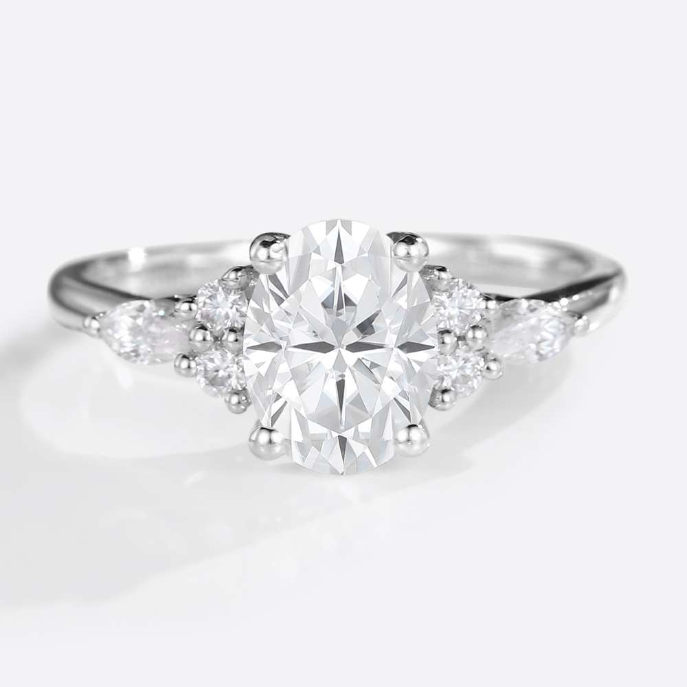 Rose Gold Oval Cut Moissanite Cluster Engagement Ring Modern Bridal Rings