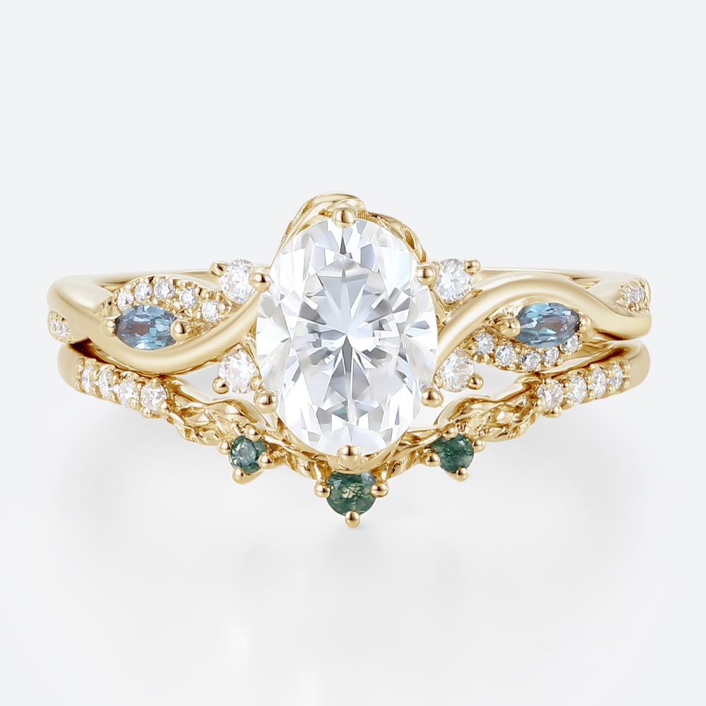 1ct Oval Moissanite Engagement Rings​ Set with Curved Leaf Band in Yellow Gold