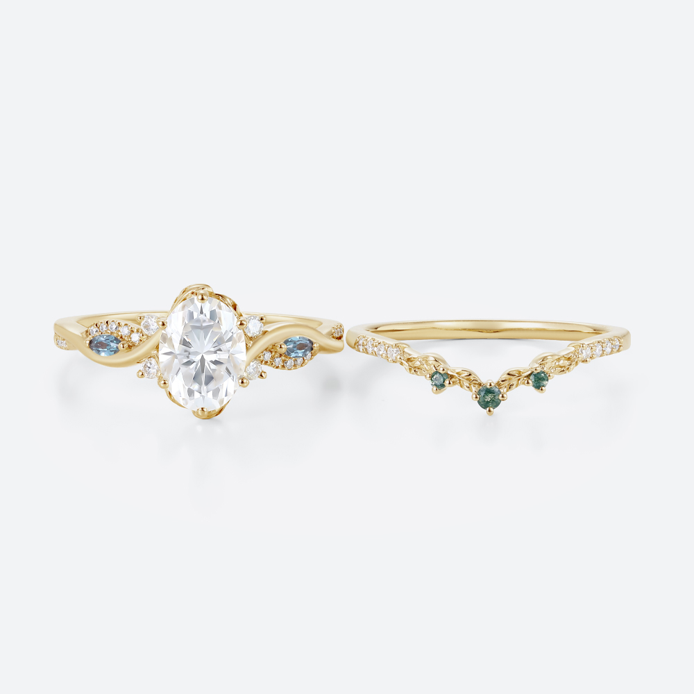 1ct Oval Moissanite Engagement Rings​ Set with Curved Leaf Band in Yellow Gold