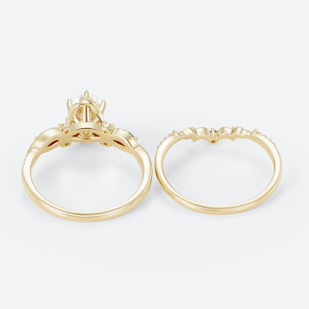 1ct Oval Moissanite Engagement Rings​ Set with Curved Leaf Band in Yellow Gold