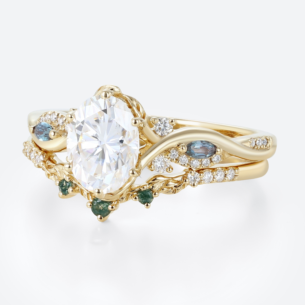 1ct Oval Moissanite Engagement Rings​ Set with Curved Leaf Band in Yellow Gold