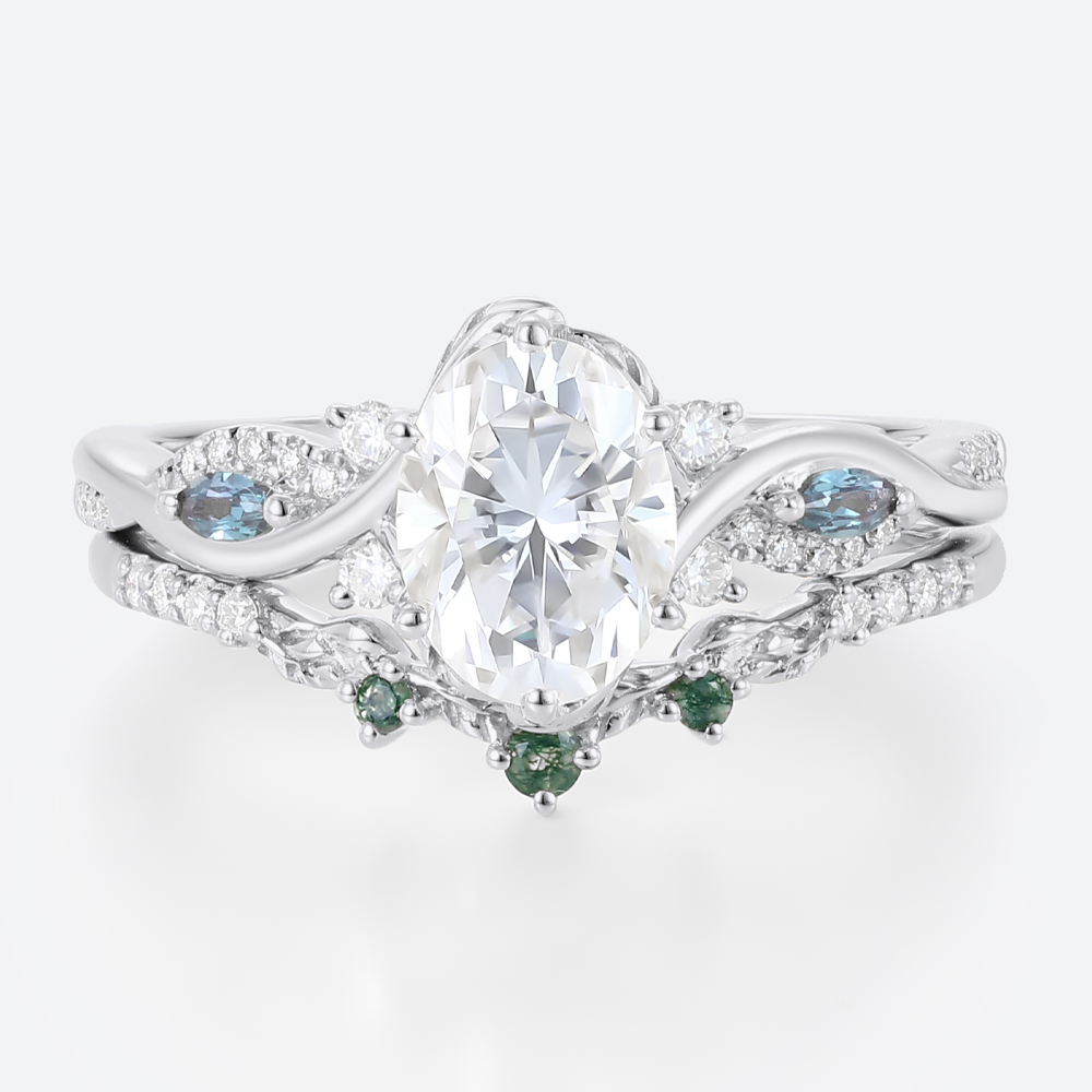 1ct Oval Moissanite Engagement Rings​ Set with Curved Leaf Band in White Gold