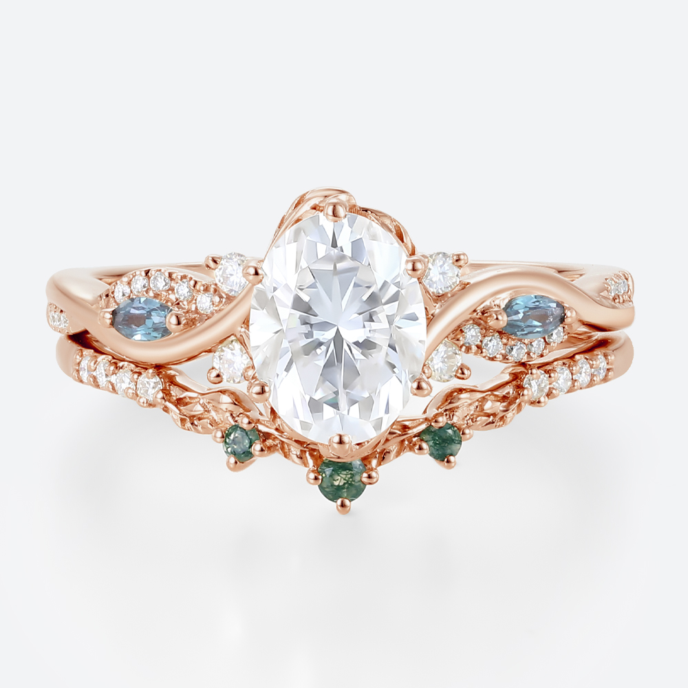 1ct Oval Moissanite Engagement Rings​ Set with Curved Leaf Band in Rose Gold