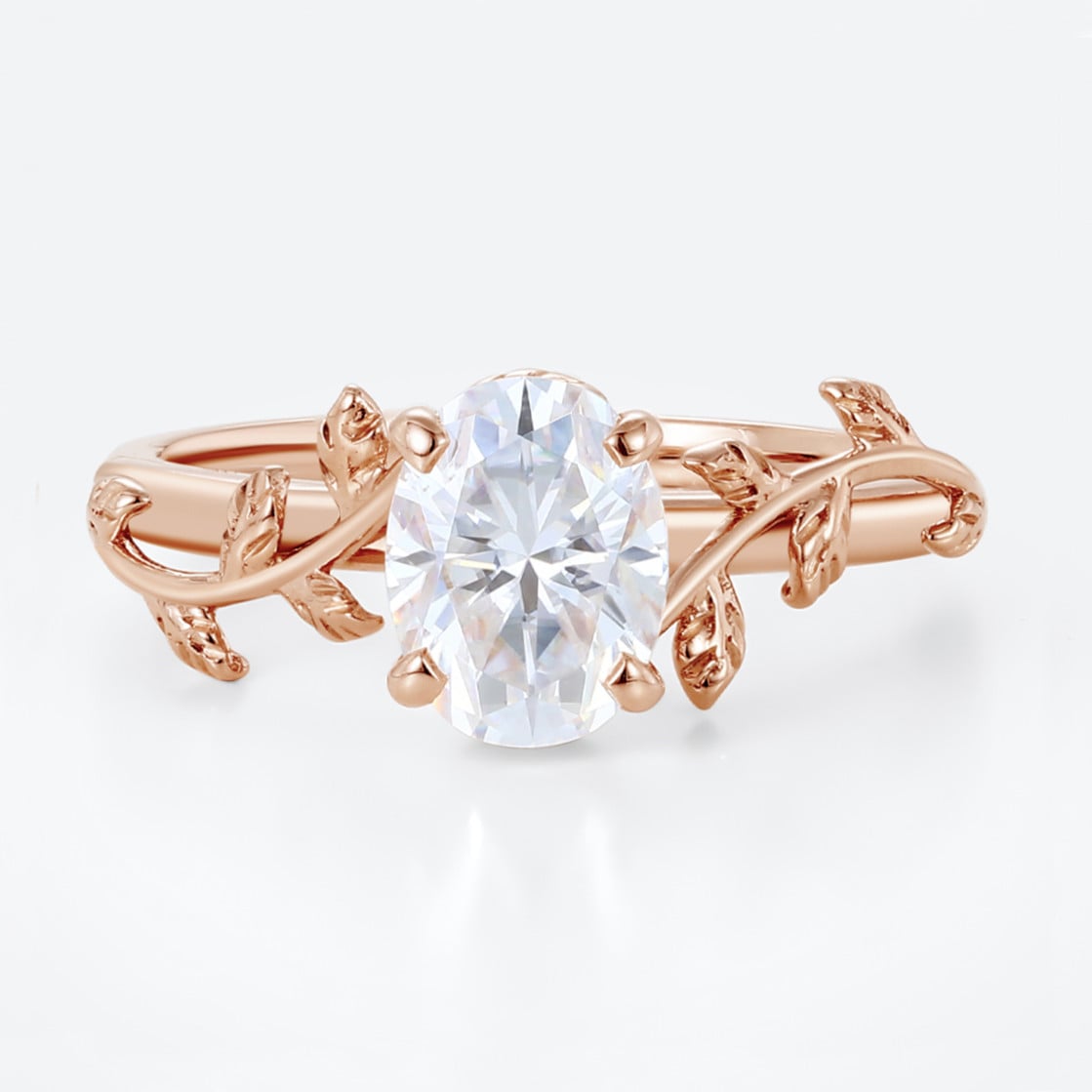 Oval Moissanite Promise Ring Solitaire Vine & Leaf Engagement Rings in Rose Gold