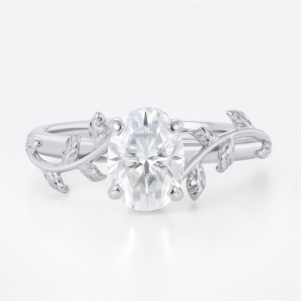 Oval Moissanite Promise Ring Solitaire Vine & Leaf Engagement Rings in White Gold