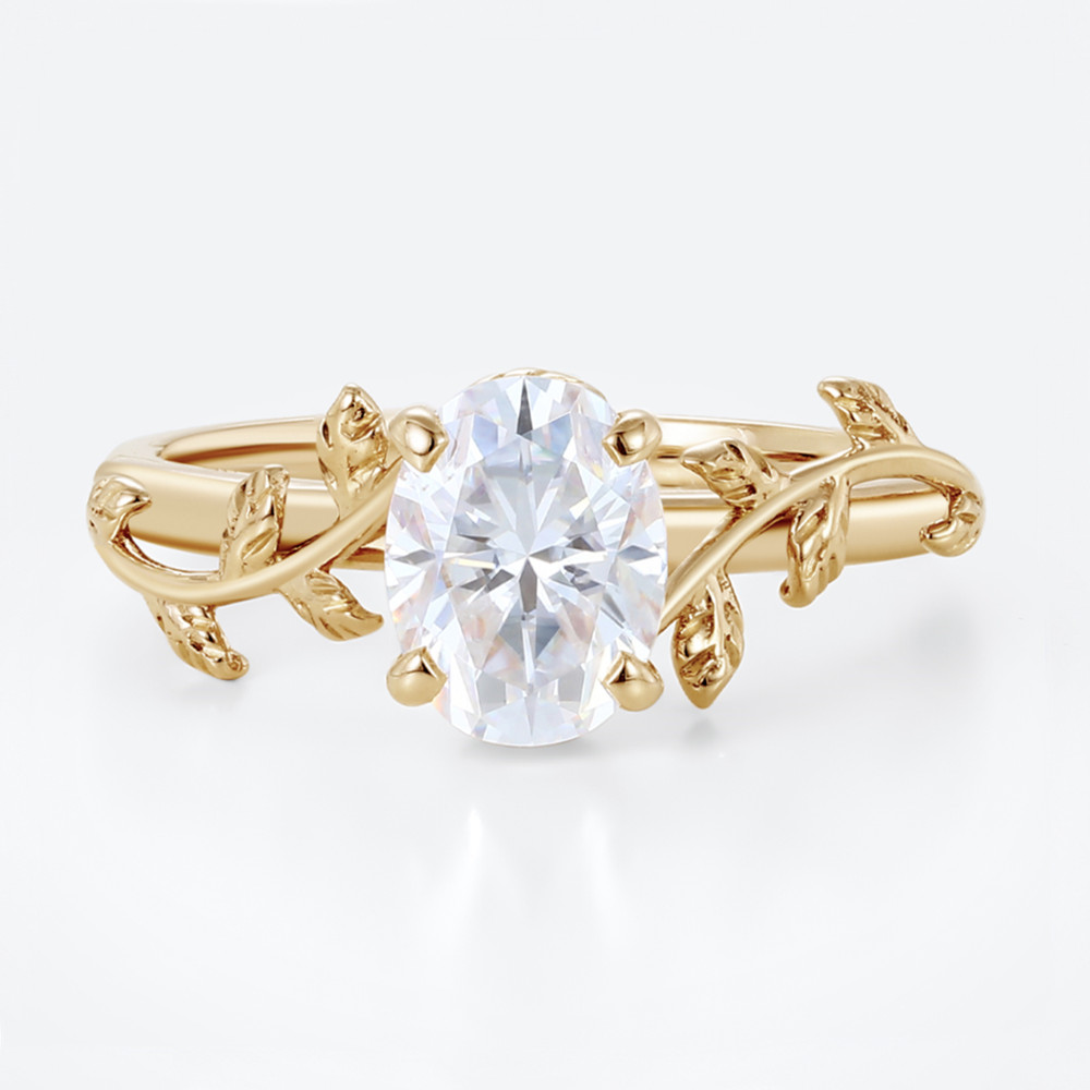 Oval Moissanite Promise Ring Solitaire Vine & Leaf Engagement Rings in Yellow Gold