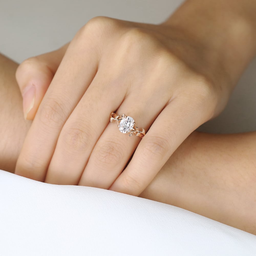Oval Cut Moissanite Vine & Leaf Engagement Rings Solitaire Bridal Ring (8)