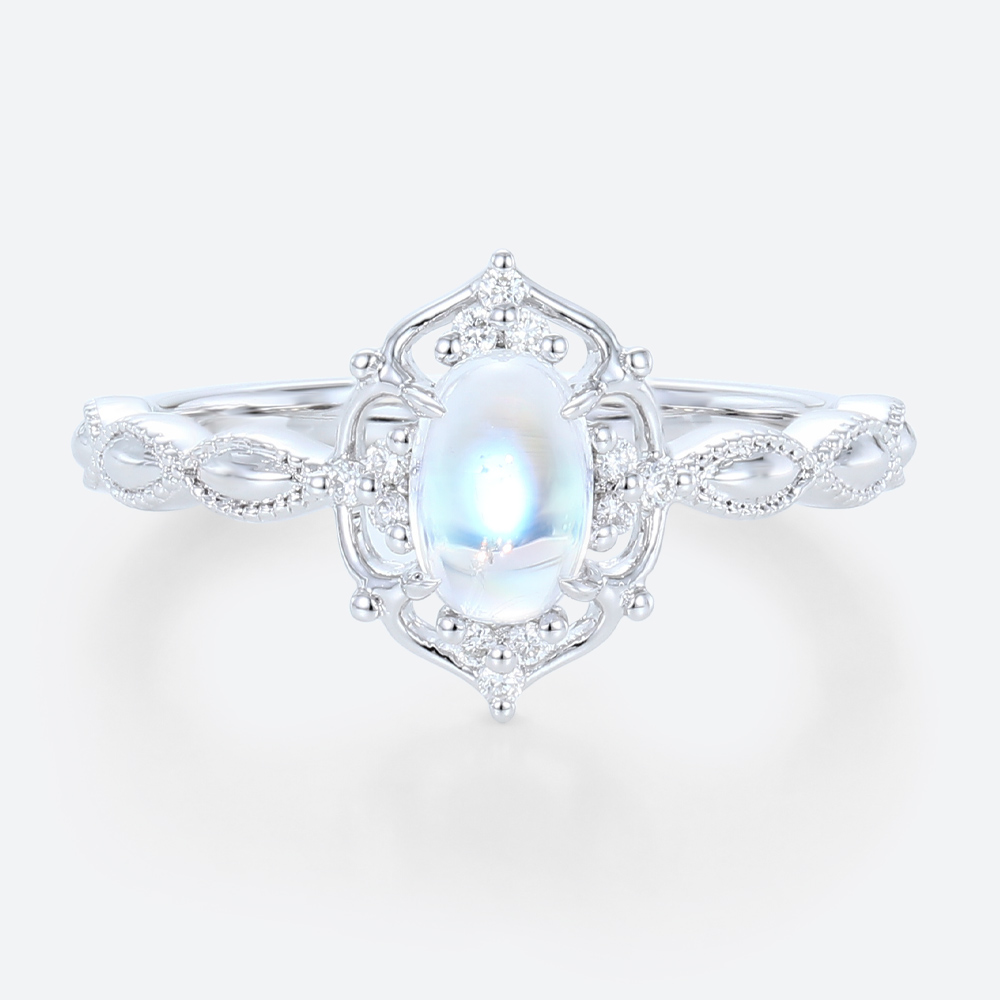 Moonstone Engagment Ring Stackable White Gold Ring Vintage