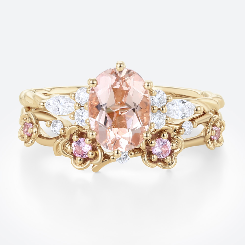 Oval Cut Morganite Engagement Ring Set Twisted Halo Bridal Ring with Floral Stackable Wedding Band in Yellow Gold