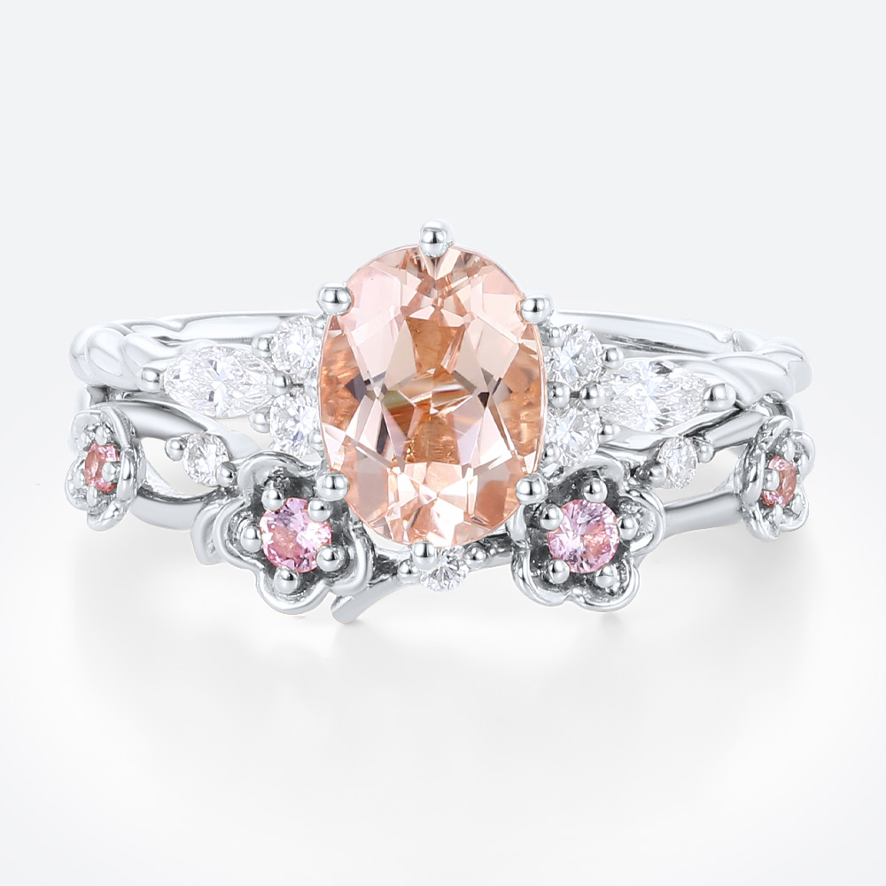 Oval Cut Morganite Engagement Ring Set Twisted Halo Bridal Ring with Floral Stackable Wedding Band in White Gold