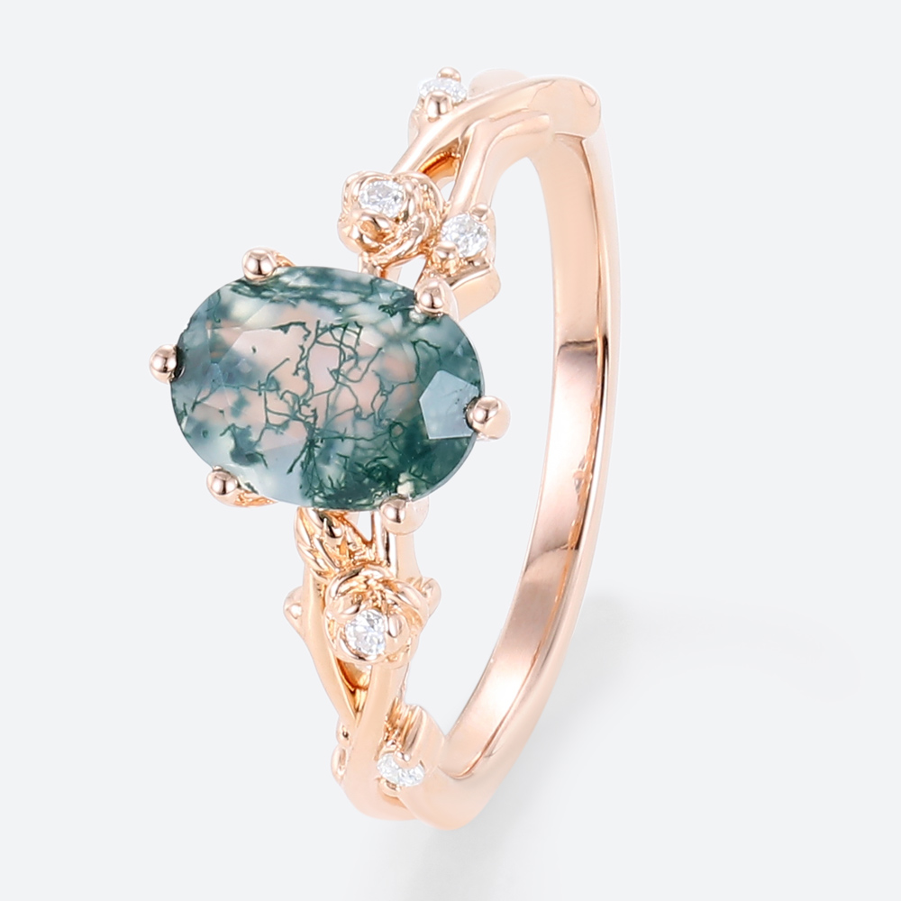 Moss Agate Band Ring 1 Carat Oval Engagement Ring Nature Inspired