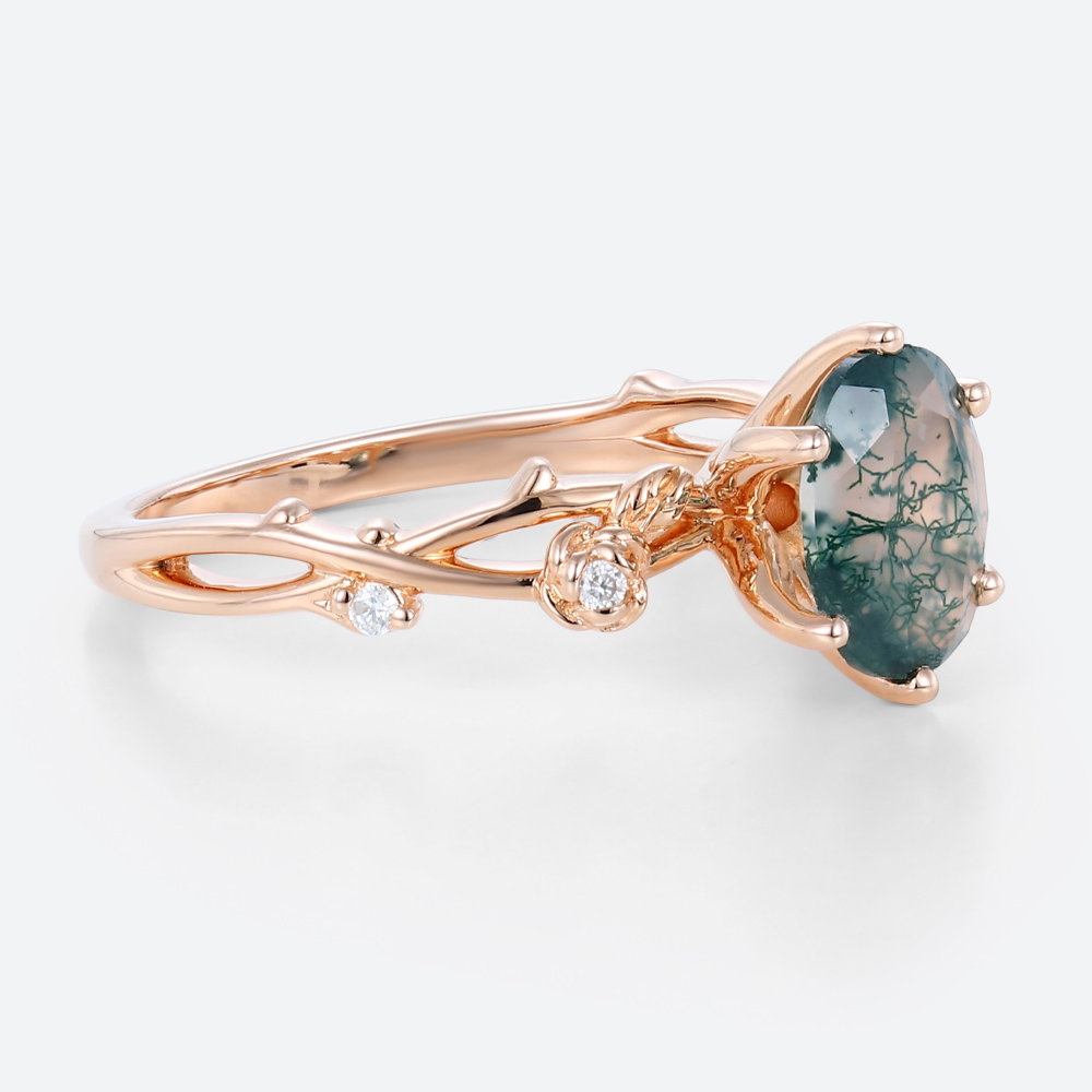 Moss Agate Band Ring 1 Carat Oval Engagement Ring Nature Inspired