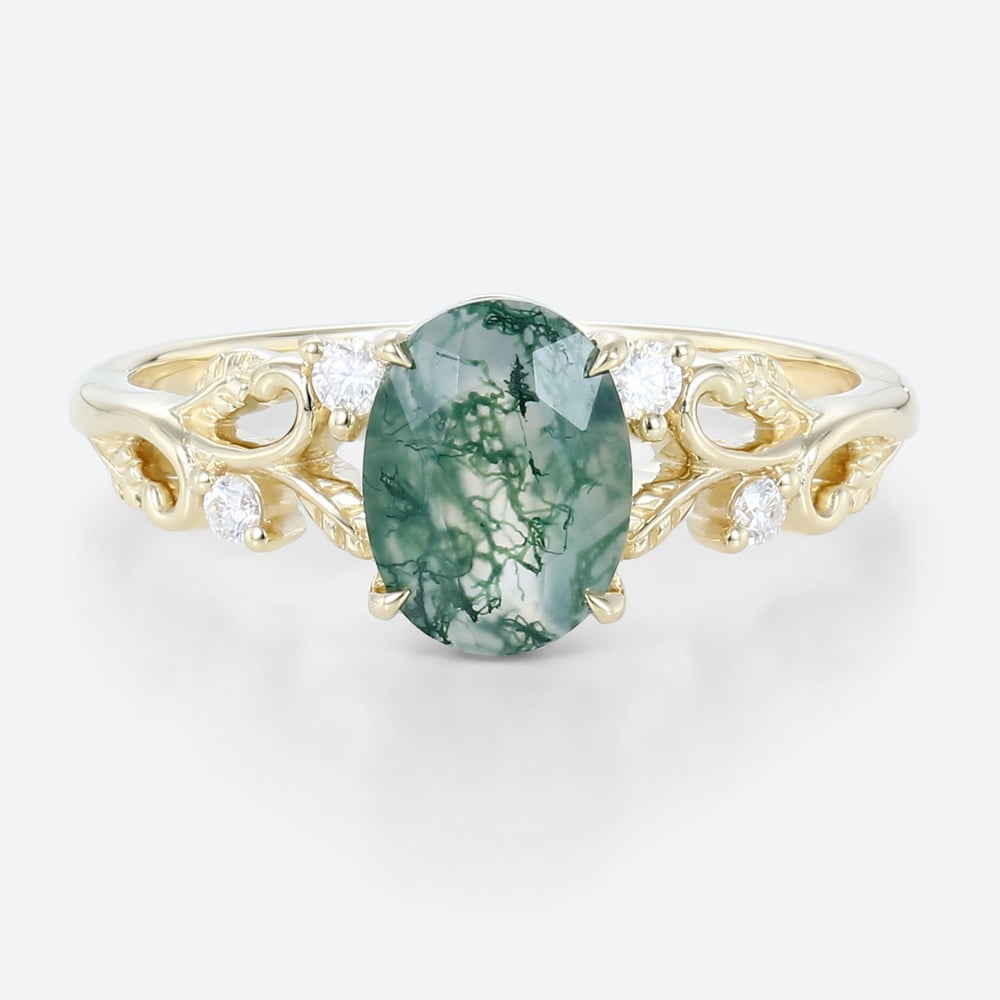 Oval Claw Moss Agate Engagement Ring Ornate Green Bridal Ring