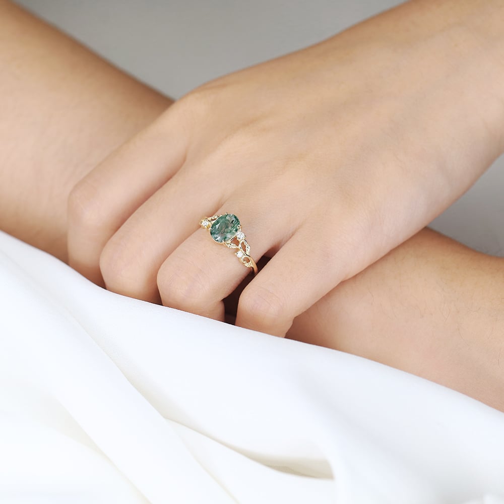 Oval Claw Moss Agate Engagement Ring Ornate Green Bridal Ring