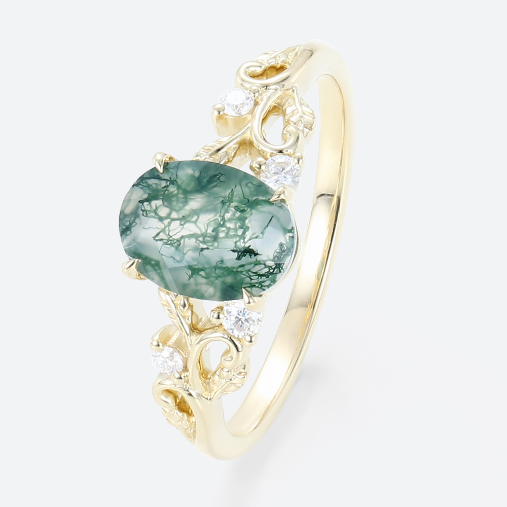 Oval Claw Moss Agate Engagement Ring Ornate Green Bridal Ring