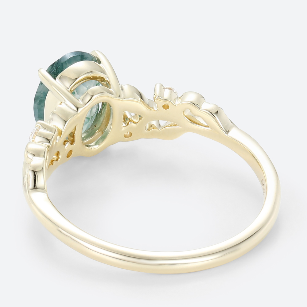 Oval Claw Moss Agate Engagement Ring Ornate Green Bridal Ring