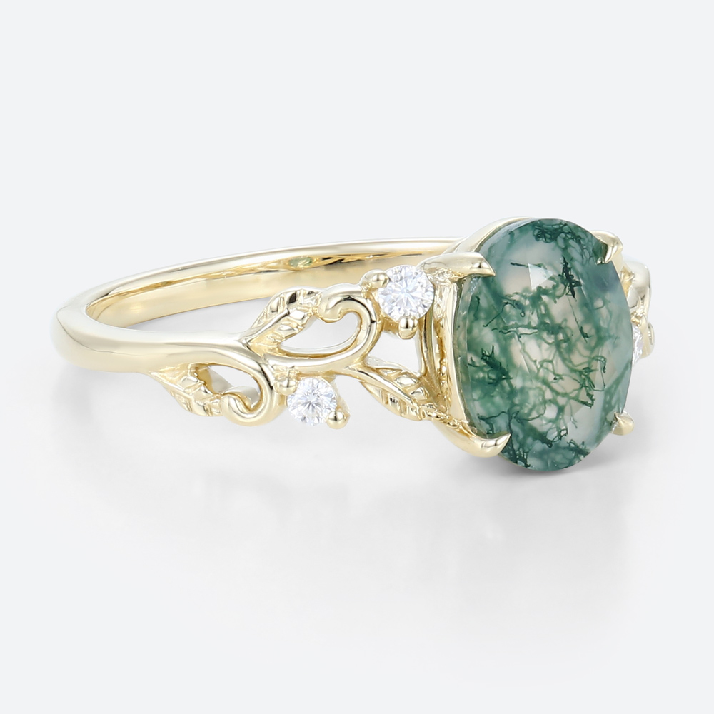 Oval Claw Moss Agate Engagement Ring Ornate Green Bridal Ring