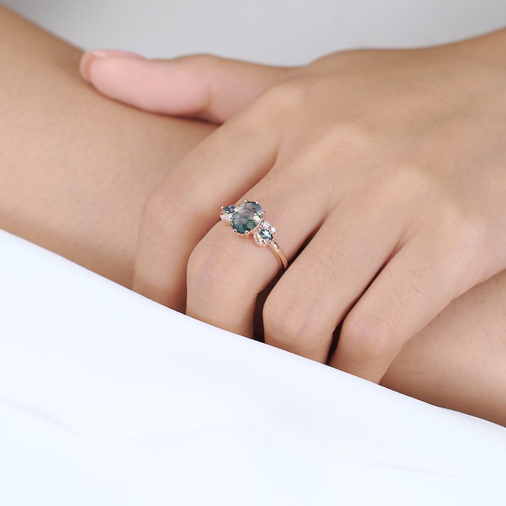 Gold Engagement Rings Oval Moss Agate Marquise Alexandrite Ring