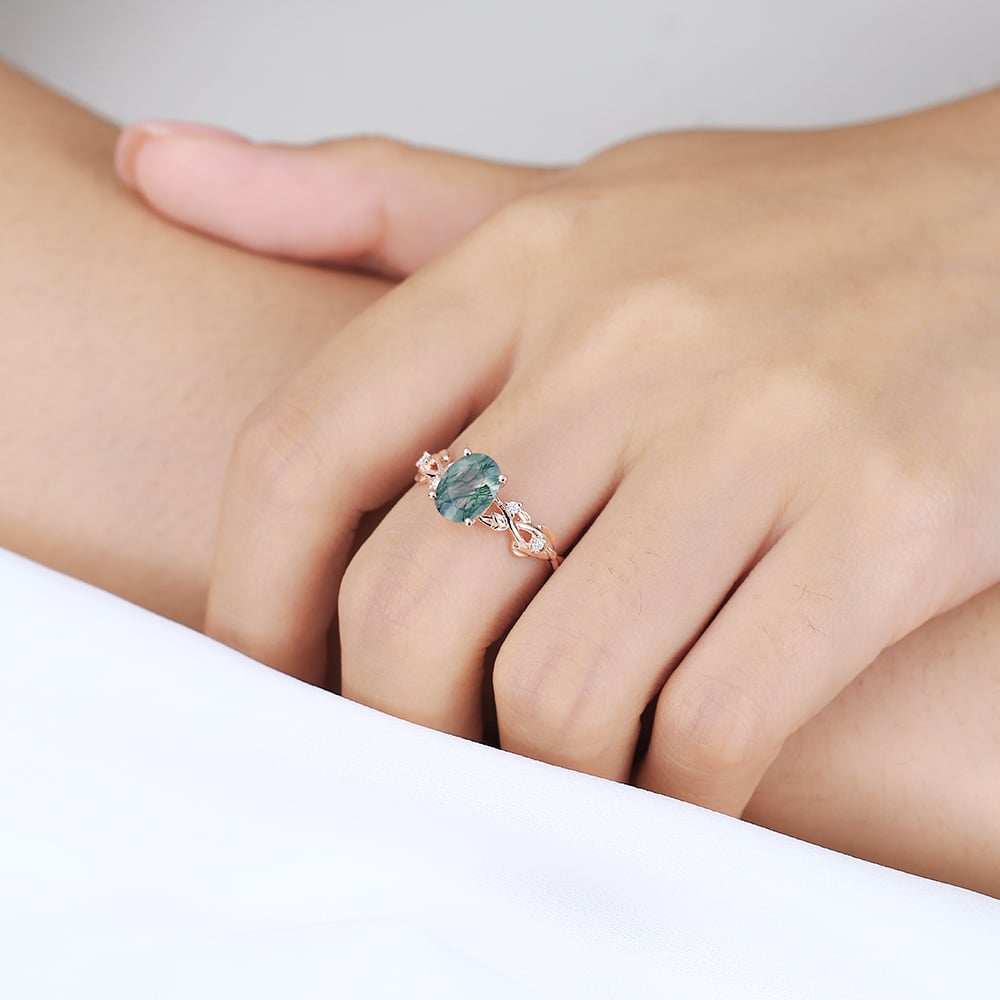 Oval Promise Rings Moss Agate Wedding Band Nature Inspired Rings
