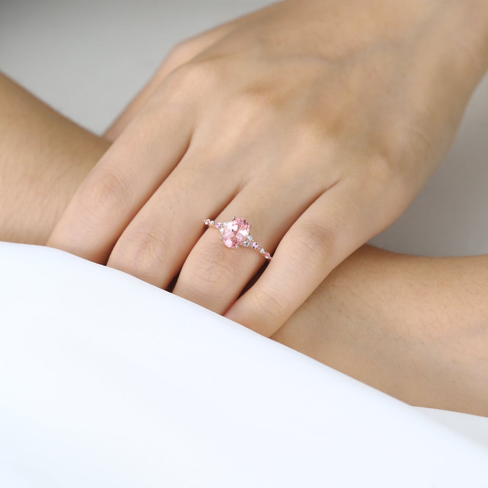1.8ct Oval Pink Sapphire Engagement Ring with Moissanite Accents Timeless Bridal Ring in Rose Gold