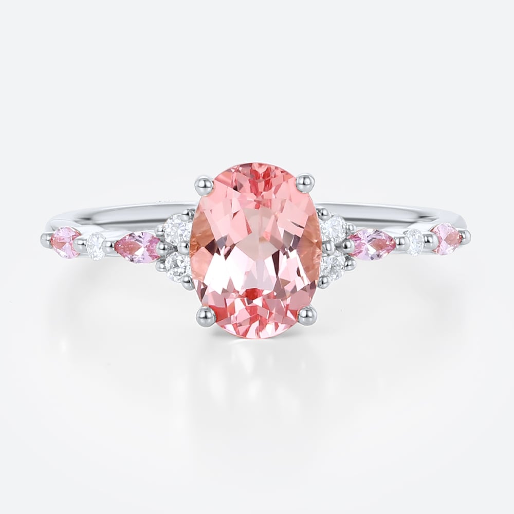 1.8ct Oval Pink Sapphire Engagement Ring with Moissanite Accents Timeless Bridal Ring in White Gold