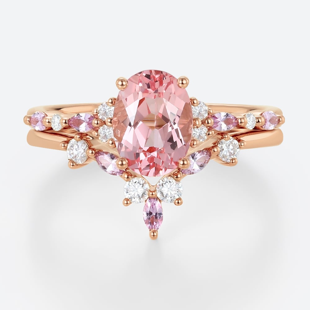 1.8ct Oval Cut Pink Sapphire Ring Set with Diamond Accents Bridal Set in Rose Gold