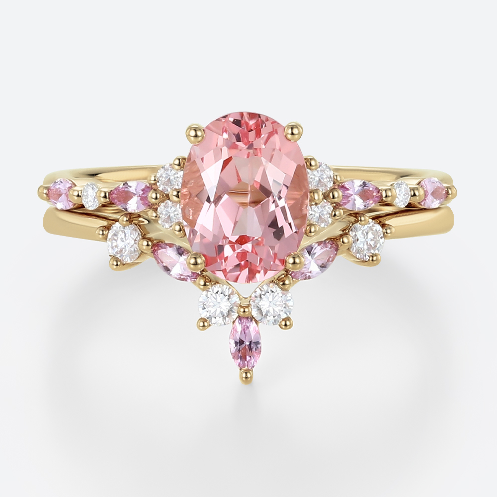 1.8ct Oval Cut Pink Sapphire Ring Set with Diamond Accents Bridal Set in Yellow Gold