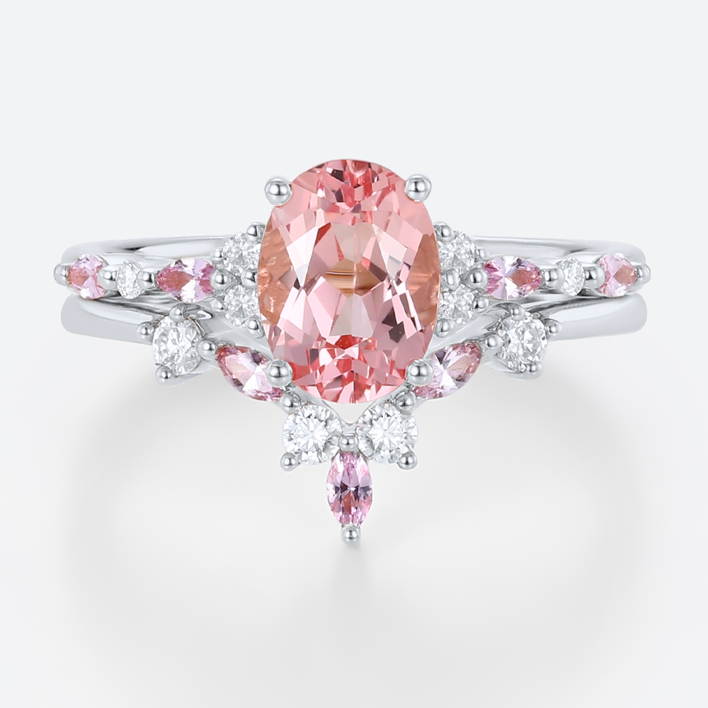 1.8ct Oval Cut Pink Sapphire Ring Set with Diamond Accents Bridal Set in White Gold