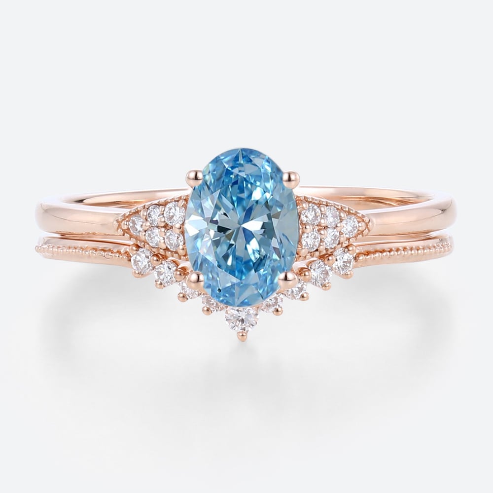 Lab Blue Diamond Engagement Rings​ Set 1.5ct Oval Vintage Ring in Rose Gold